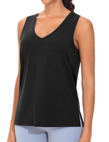 THE GYM PEOPLE Damen V-Ausschnitt Sport Tank Top Locker Ärmellose Shirts Schnelltrocknend Yoga Oberteil mit Seite Split von THE GYM PEOPLE