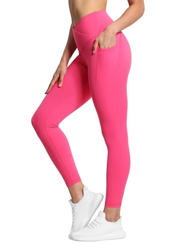 THE GYM PEOPLE Damen V-Kreuz-Taille Workout Leggings Bauchkontrolle Laufen Yoga Hose mit Taschen, Helles Rosa, Groß von THE GYM PEOPLE