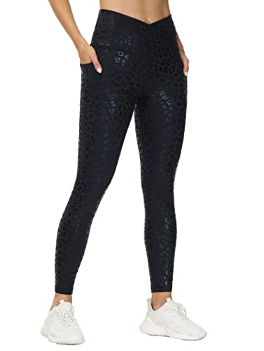 THE GYM PEOPLE Damen V-Kreuz-Taille Workout Leggings Bauchkontrolle Laufen Yoga Hose mit Taschen, Schwarz Leopard, Groß von THE GYM PEOPLE