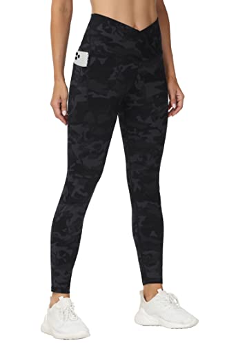 THE GYM PEOPLE Damen V-Kreuz-Taille Workout Leggings Bauchkontrolle Laufen Yoga Hose mit Taschen, Schwarzgrau Camo, M von THE GYM PEOPLE