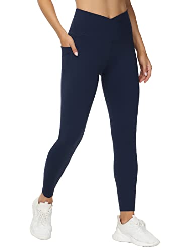 THE GYM PEOPLE Damen V-Kreuz-Taille Workout Leggings Bauchkontrolle Laufen Yoga Hose mit Taschen, blau, S von THE GYM PEOPLE