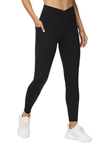 THE GYM PEOPLE Damen V-Kreuz-Taille Workout Leggings Bauchkontrolle Laufen Yoga Hose mit Taschen, schwarz, S von THE GYM PEOPLE