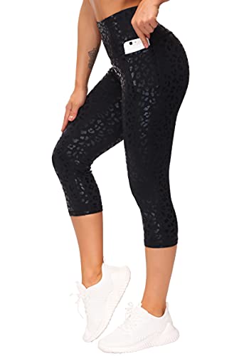 THE GYM PEOPLE Damen-Yogahose, hohe Taille, mit Tasche, Bauchkontrolle, S-capris Schwarz Leopard, S von THE GYM PEOPLE