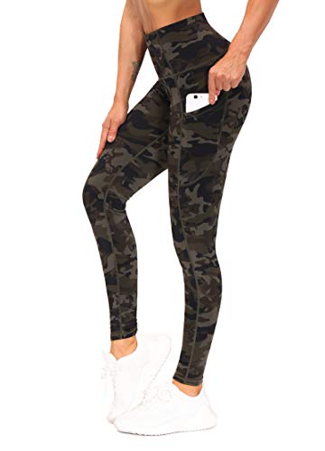 THE GYM PEOPLE Dicke Yogahose mit hoher Taille mit Taschen, Bauchkontrolle, Workout, Laufen, Yoga, Leggings für Damen, Army Green Camouflage, Groß von THE GYM PEOPLE