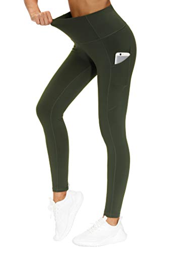 THE GYM PEOPLE Dicke Yogahose mit hoher Taille mit Taschen, Bauchkontrolle, Workout, Laufen, Yoga, Leggings für Damen, Dark Olive, Groß von THE GYM PEOPLE