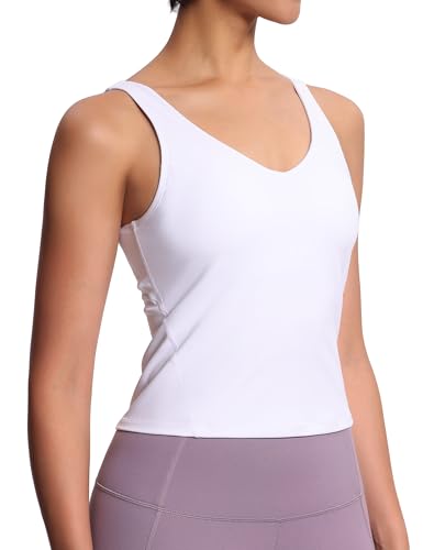 THE GYM PEOPLE Sport BH Damen Longline Crop Tank Top Mit Integriertem BH Yoga Oberteil Fitness Workout Pilates Sports Bra,White,M von THE GYM PEOPLE