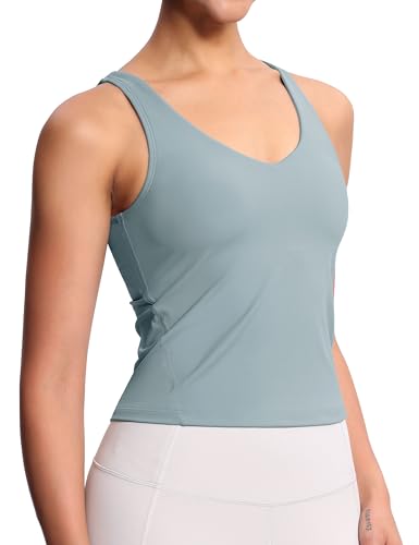 THE GYM PEOPLE Sport BH Damen Longline Crop Tank Top Mit Integriertem BH Yoga Oberteil Fitness Workout Pilates Sports Bra,Denim Blue,M von THE GYM PEOPLE
