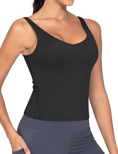 THE GYM PEOPLE Sport BH Damen Longline Crop Tank Top Mit Integriertem BH Yoga Oberteil Fitness Workout Pilates Sports Bra,Black,L von THE GYM PEOPLE