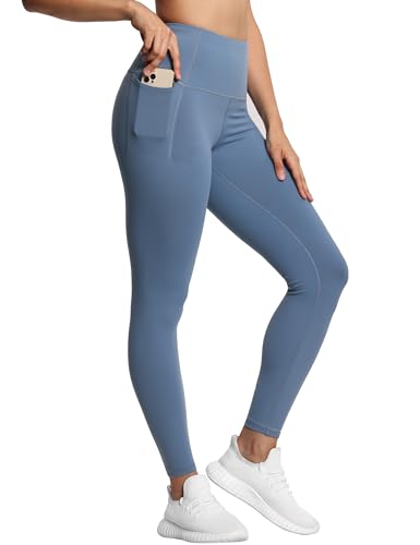 THE GYM PEOPLE Tummy Control Workout-Leggings mit Taschen, hohe Taille, athletische Yogahose für Frauen, Laufen, Wandern, Grau, Blau, Groß von THE GYM PEOPLE