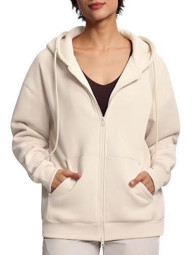 THE GYM PEOPLE Übergroße Fleece-Hoodies für Damen, durchgehender Reißverschluss, Workout, Lounge, Kapuzenmäntel, Herbst-Top, mit Taschen, Kordelzug, Khaki, S von THE GYM PEOPLE