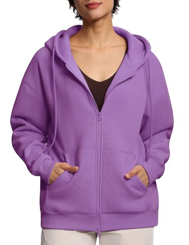 THE GYM PEOPLE Übergroße Fleece-Hoodies für Damen, durchgehender Reißverschluss, Workout, Lounge, Kapuzenmäntel, Herbst-Top, mit Taschen, Kordelzug, violett, M von THE GYM PEOPLE