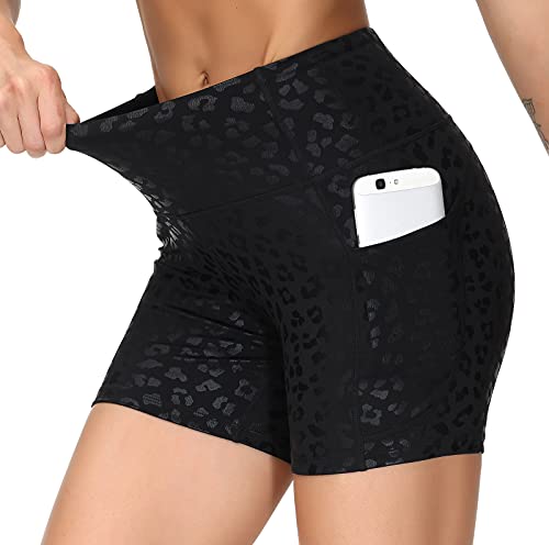 THE GYM PEOPLE Yoga-Shorts mit hoher Taille für Damen, Bauchkontrolle, Fitness, athletisches Workout, Laufshorts mit tiefen Taschen, Black Spot Leopard, Klein von THE GYM PEOPLE