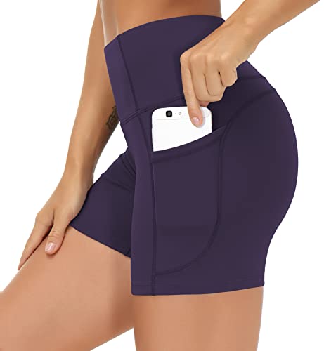 THE GYM PEOPLE Yoga-Shorts mit hoher Taille für Damen, Bauchkontrolle, Fitness, athletisch, Workout, Laufshorts mit tiefen Taschen, Violett, Klein von THE GYM PEOPLE