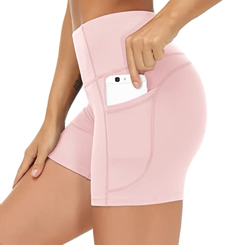 THE GYM PEOPLE Yoga-Shorts mit hoher Taille für Damen, Bauchkontrolle, Fitness, athletisches Workout, Laufshorts mit tiefen Taschen, rose, Klein von THE GYM PEOPLE