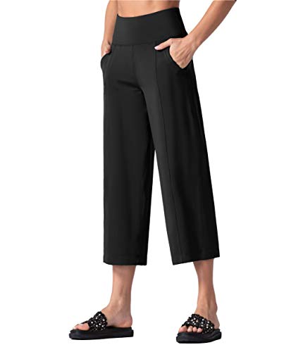 The Gym People Bootleg Yoga-Capris-Hose für Frauen, Bauchkontrolle, hohe Taille, Workout, ausgestellte Crop Pants mit Taschen - Schwarz - Mittel von THE GYM PEOPLE