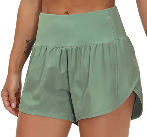 The Gym People Damen Lauf-Shorts, hohe Taille, schnelltrocknend, athletische Workout-Shorts mit Netzfutter und Reißverschlusstaschen., Jasmingrün, Mittel von THE GYM PEOPLE