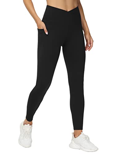 The Gym People Damen V-Kreuz-Taille Workout Leggings Bauchkontrolle Laufen Yoga Hose mit Taschen, schwarz, M von THE GYM PEOPLE