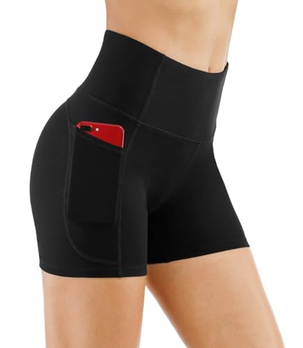 The Gym People Yoga-Shorts für Damen, hohe Taille, Bauchkontrolle, Fitness, Sport, Workout, Laufshorts mit tiefen Taschen - Schwarz - Mittel von THE GYM PEOPLE