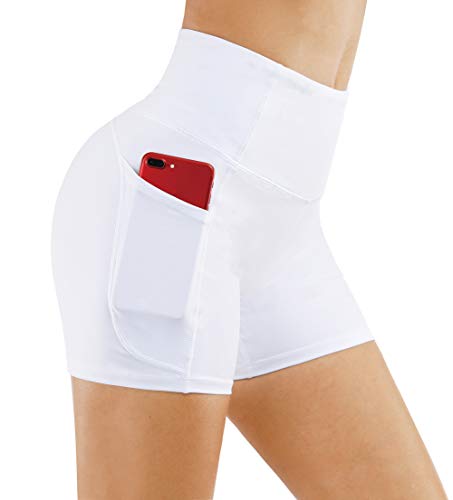 THE GYM PEOPLE Yoga-Shorts mit hoher Taille für Damen, Bauchkontrolle, Fitness, athletisches Workout, Laufshorts mit tiefen Taschen, Weiss/opulenter Garten, X-Groß von THE GYM PEOPLE