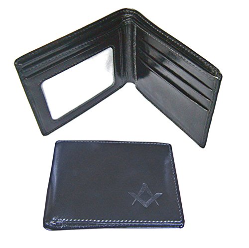 THE MASONIC COLLECTION - Freimaurer-Geldbörse aus weichem Echtleder für Erwachsene Männer, Schwarz, Klassisch, Zweifach gefaltet, Fein geprägtes Freimaurer-Logo mit Kompass und Quadrat von THE MASONIC COLLECTION