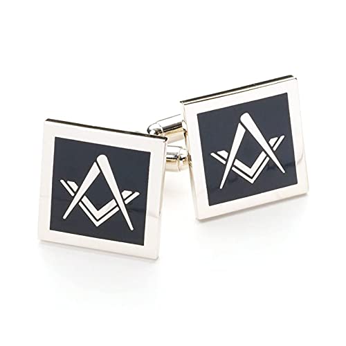 The Masonic Collection Quadratische und Kompass-Manschettenknöpfe für Herren, schwarzes und versilbertes Material, T-Form, Lieferung in Manschettenknopf-Box/Samtbeutel, hochwertiges Geschenk für von THE MASONIC COLLECTION