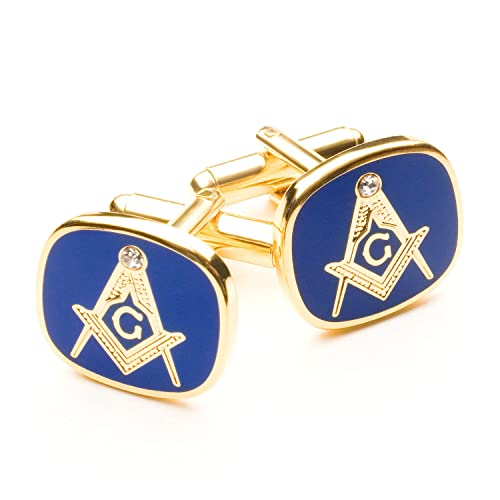 THE MASONIC COLLECTION Manschettenknöpfe mit Winkel und Kompass und G – umwerfender weißer Kristallstein – blau und vergoldet – Freimaurergeschenke für Männer von THE MASONIC COLLECTION