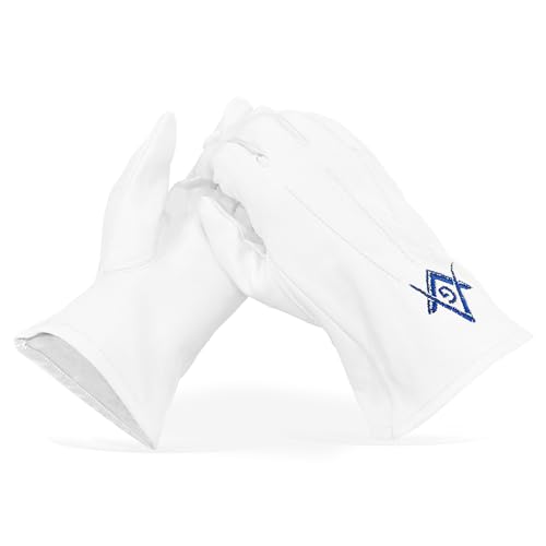 THE MASONIC COLLECTION - Weiße Lederhandschuhe in L-Größe - Mit königsblauem Quadrat und Zirkel Design - Freimaurer G-Logo - Freimaurer Geschenke für Männer von THE MASONIC COLLECTION