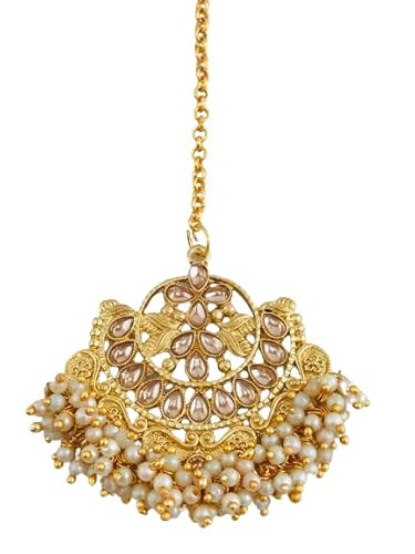 THE OPAL FACTORY TOF Indischer Schmuck Haarschmuck / Haarnadel / Haarspange / vergoldet Borla Maang Tikka Braut Rajasthani Kundan LCT Maang Tikka für Frauen (weiß) von THE OPAL FACTORY