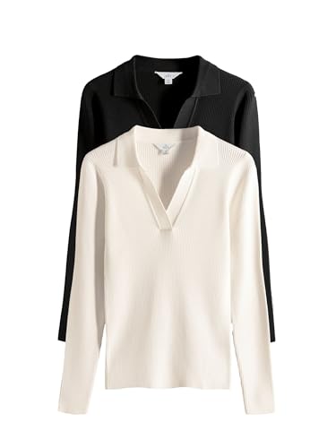 THE SET 2er-Pack gerippte Pullis mit V-Ausschnitt Schwarz/Creme S von THE SET