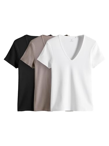 THE SET 3er-Pack gerippte Kurzarm-T-Shirts mit V-Ausschnitt Schwarz/Weiß/Taupe Braun XS von THE SET