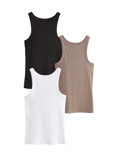 THE SET 3er-Set gerippte Trägertops mit Ringerrücken Schwarz/Taupe Braun/Weiß M von THE SET