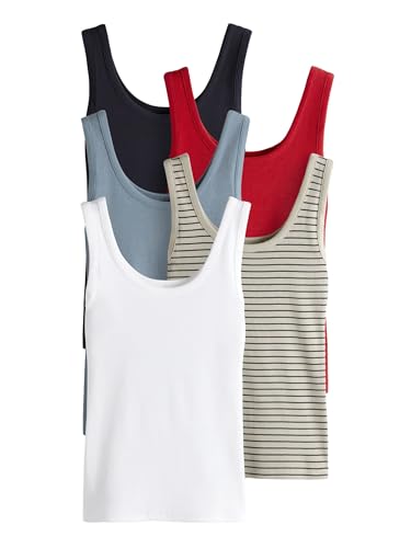 THE SET 5er-Pack gerippte Trägertops mit U-Ausschnitt Marineblau/Waschblau/Weiß/Rot/Marineblau gestreift S von THE SET