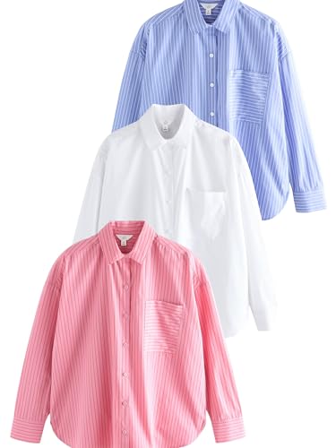 THE SET Geknöpfte Bluse Baumwollpopeline 3 STK. Blau gestreift/Rosa gestreift/Weiß L von THE SET