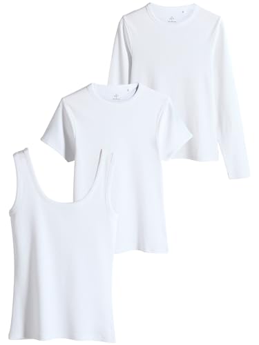 THE SET Geripptes Trägertop, Langarm, Kurzarm T-Shirt Essentials, 3er-Pack Weiß S von THE SET