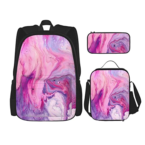 Schulrucksack für Jungen und Mädchen und Kinder, bunt, mit Lunchbox und Federmäppchen, Marmor, violett, bunt, EinheitsgröÃŸe von THEEND