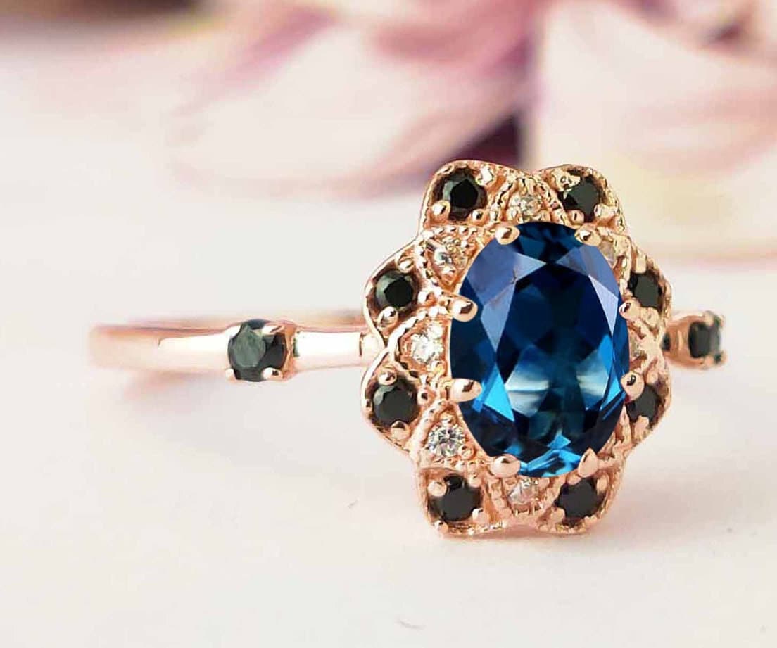 14K Rose Gold Blau Topas Ehering Vintage Verlobungsring Antik Braut Versprechen Ring Unikat Jahrestag Für Frauen von THEGOLDSMITHIN