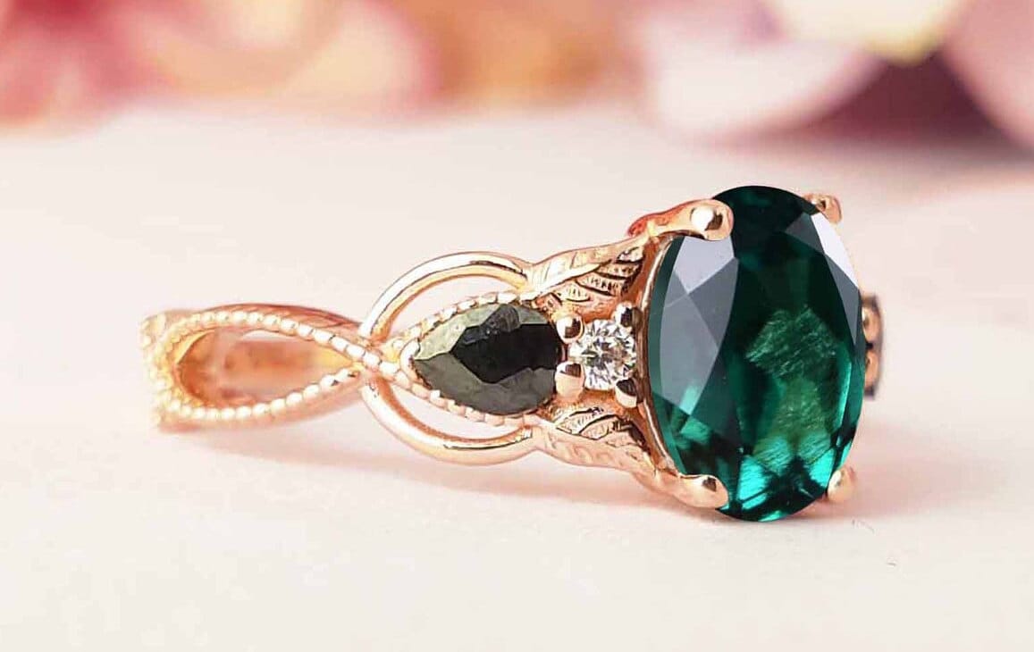 14K Rose Gold Smaragd Verlobungsring Art Deco Ehering Antik Blatt Stil Brautring Vintage Versprechen Ring Für Frauen von THEGOLDSMITHIN