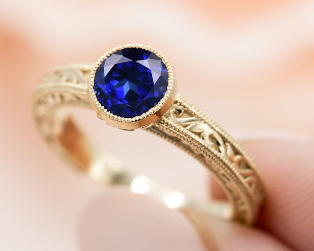 Antik Filigran Verlobungsring Art Deco Blau Saphir Ehering Unikat Braut Jubiläum Ring 14K Gold Vintage Versprechen von THEGOLDSMITHIN