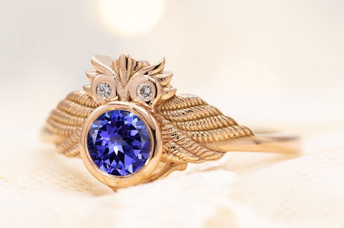 Art Deco Eule Blau Tansanit Ehering Vintage Verlobungsring Braut Ring Unikat Versprechen von THEGOLDSMITHIN