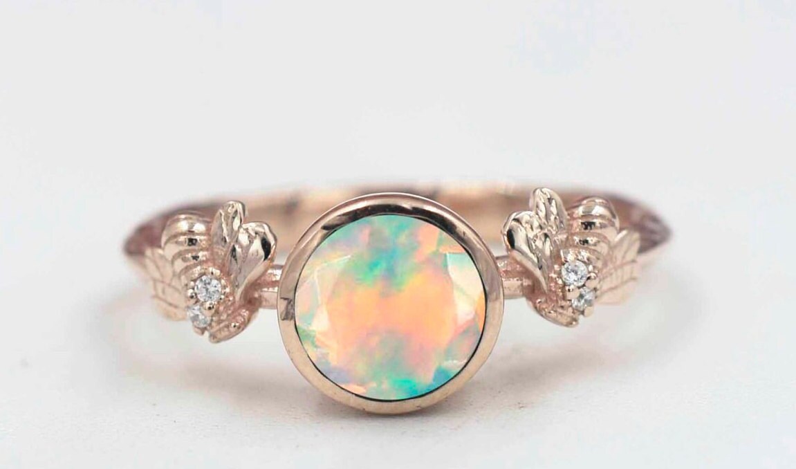 Einzigartiger Opal Verlobungsring 14K Roségold Vintage Art Deco Ehering Lünette Set Antik Braut Versprechen Ring Für Frauen Jahrestag von THEGOLDSMITHIN