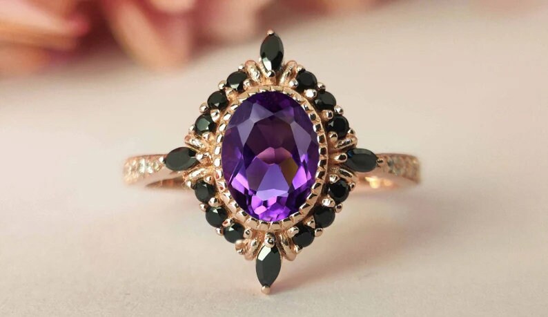 Ovaler Schliff Amethyst Verlobungsring Antik Hochzeit Für Frauen Ring 14K Roségold Vintage Braut Jubiläum Unikat Art Deco Versprechen von THEGOLDSMITHIN