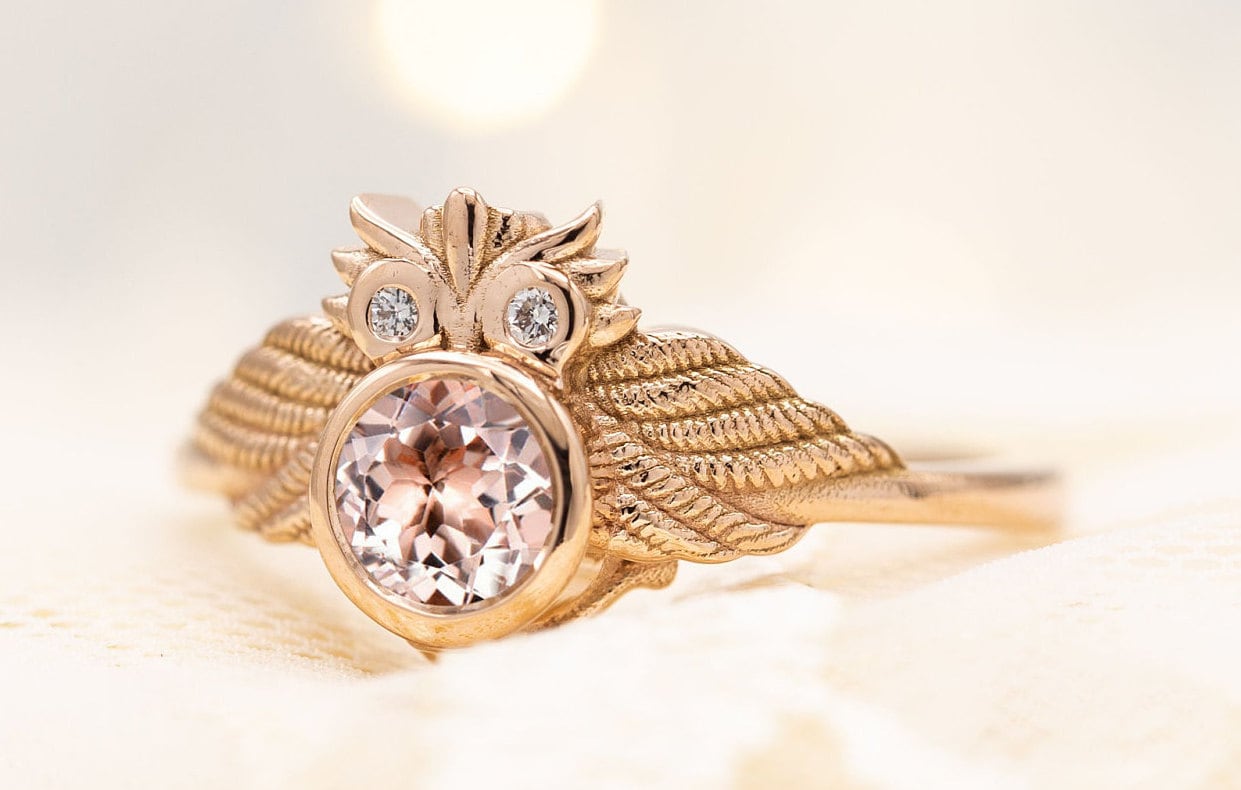 Pfirsich Morganit Verlobungsring Eule Stil Braut Ring Einzigartige Art Deco Ehering Antik Versprechen Jahrestag von THEGOLDSMITHIN