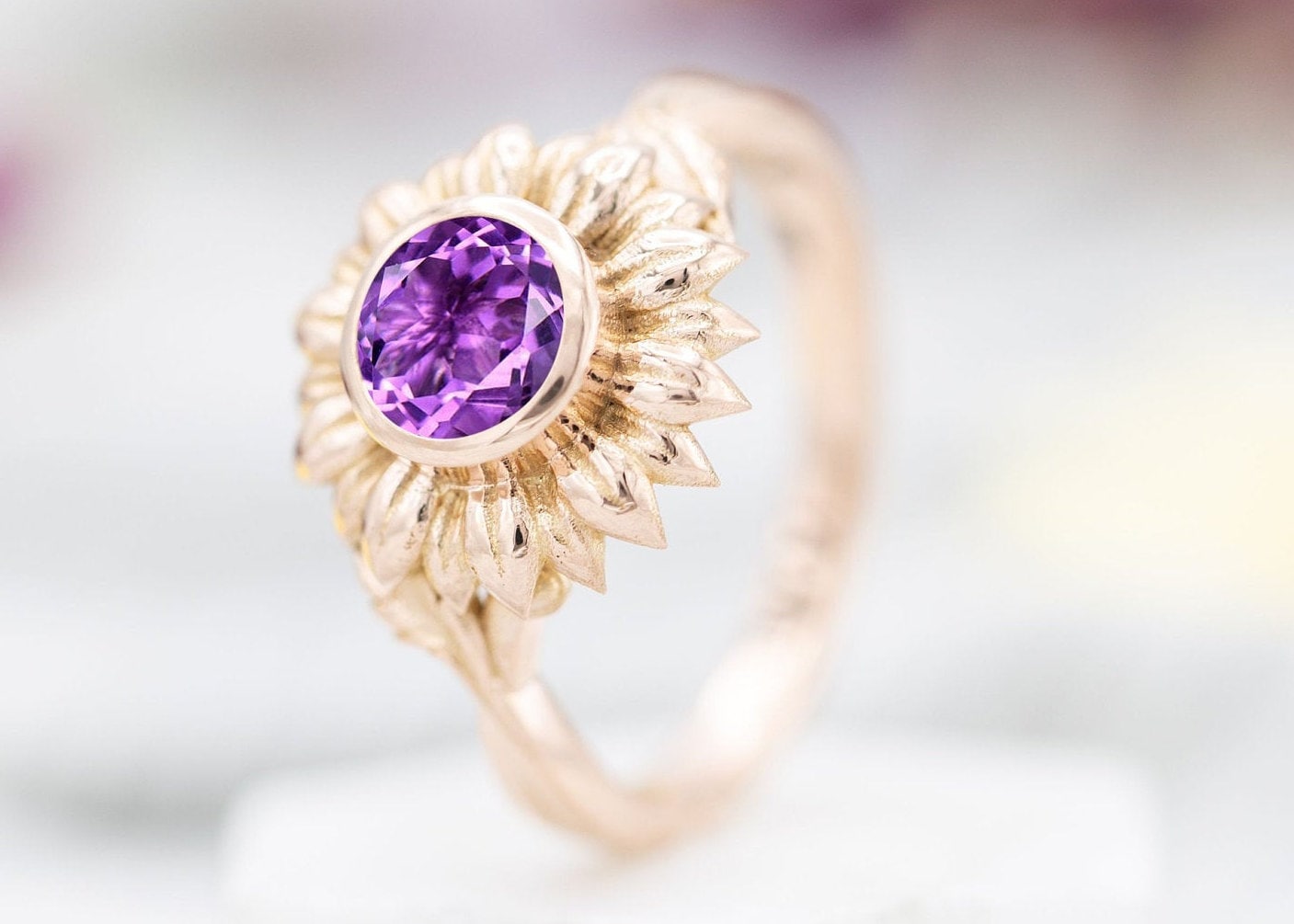 Sonnenblume Amethyst Verlobungsring Blatt Ehering Für Frauen Vintage Brautring Floral Versprechen Ring Unikat Jahrestag von THEGOLDSMITHIN