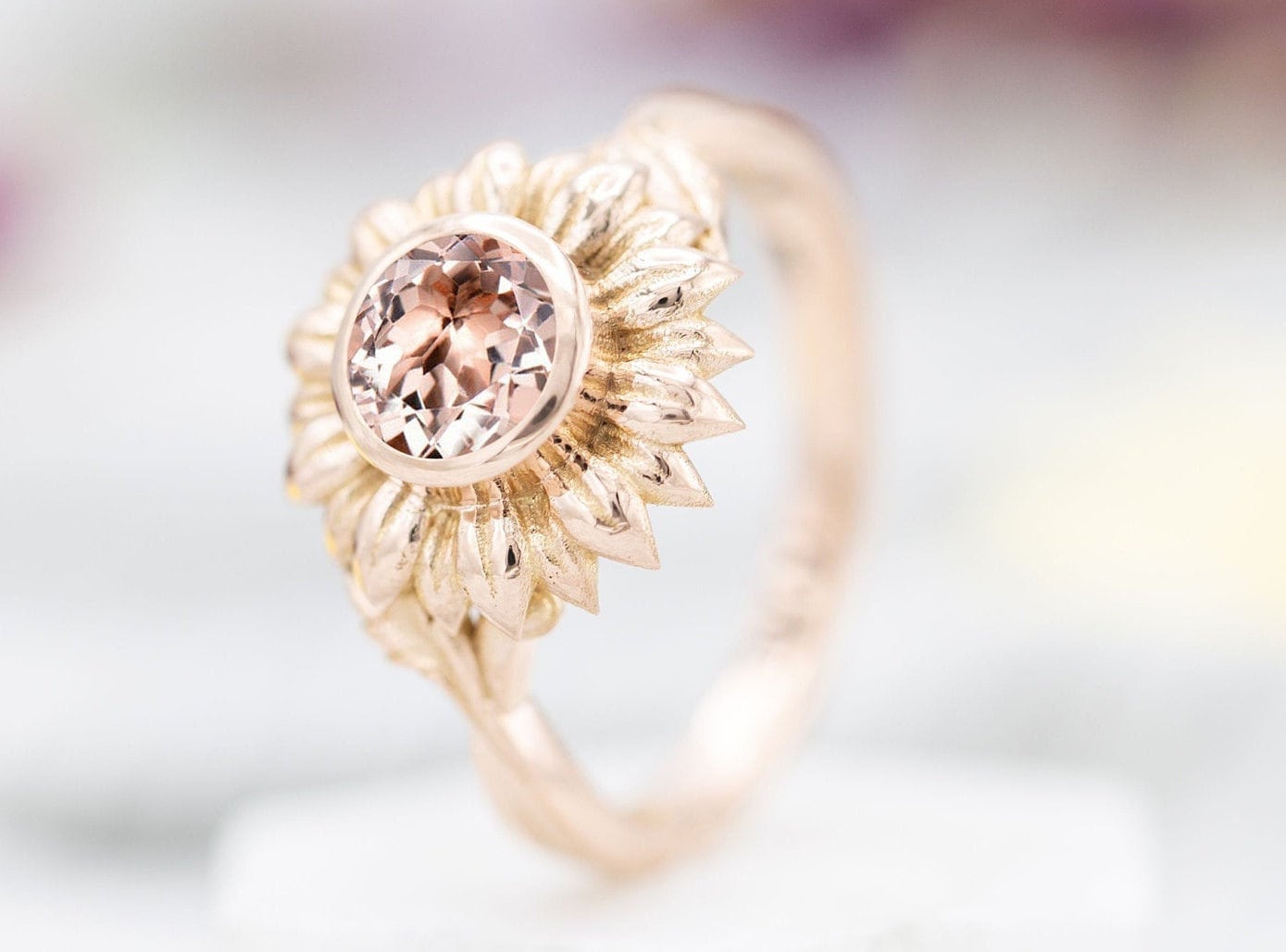 Sonnenblume Morganit Verlobungsring Art Deco Pfirsich Ehering 14K Gold Vintage Blumen Braut Versprechen Ring Einzigartige von THEGOLDSMITHIN