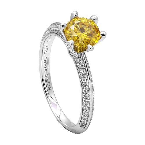 THEIA GEMS Skadi, Solitär Damenring mit Markengravur in S925 Sterling Silber mit 1.0 Karat Moissanit Gelb Brillant Rund und 128 Besatzsteinen mit 0,45 Karat (52) von THEIA GEMS