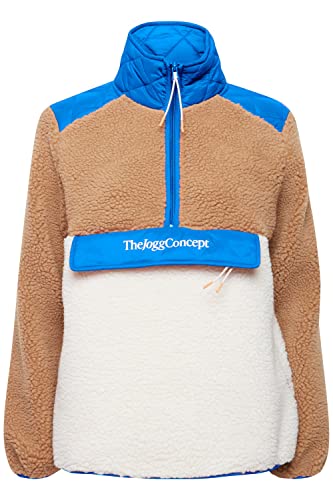 THEJOGGCONCEPT JCBERRI Halfzip Jumper Damen Sweatshirt Pullover Pulli Mit Teddyfell Teddy-Fleece mit Materialmix große Brusttasche Troyer Half-Zip, Größe:XL, Farbe:Princess Blue Mix (201440) von THEJOGGCONCEPT