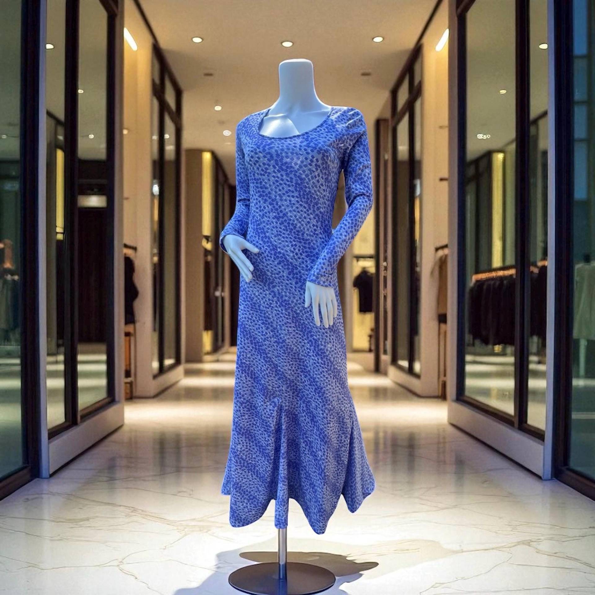 Vintage Eva Für Robert Janan Blaue Meerjungfrau Unten Gemustertes Langarm-Maxikleid Vintage Eva Für Robert Janan Blaue Meerjungfrau Unten Gemustertes Langarm-Maxikleid von THENECKDOWNVINTAGE