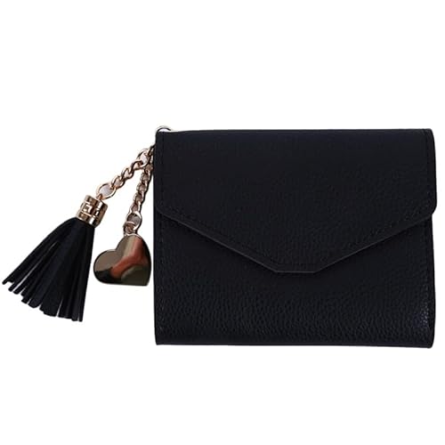 Kurze Geldbörse mit Quasten-Anhänger, Litschi-Muster, Geldbörse mit Mehreren Kartenpositionen, Damen-Geldbörse, kleine Tasche for Damen (Color : Black) von THEPOS