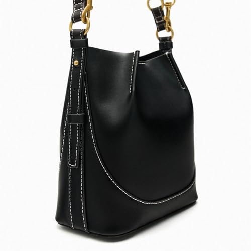 THEPOS Damentasche 2024 breiter Schultergurt Einzelschulterhandtasche Umhängetasche Eimertasche (Color : Black, Size : One size) von THEPOS