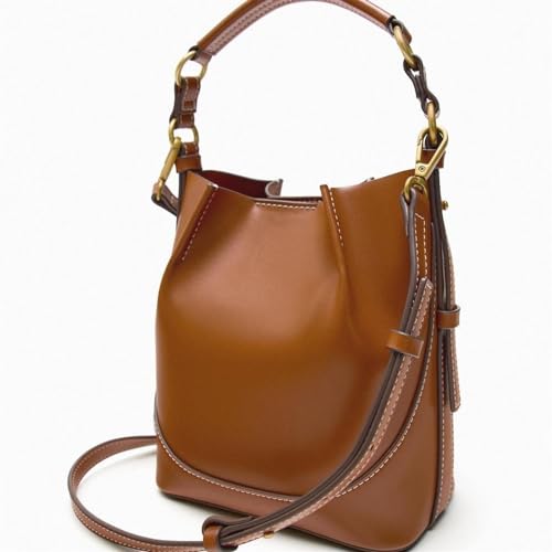 THEPOS Damentasche 2024 breiter Schultergurt Einzelschulterhandtasche Umhängetasche Eimertasche (Color : Brown, Size : One size) von THEPOS